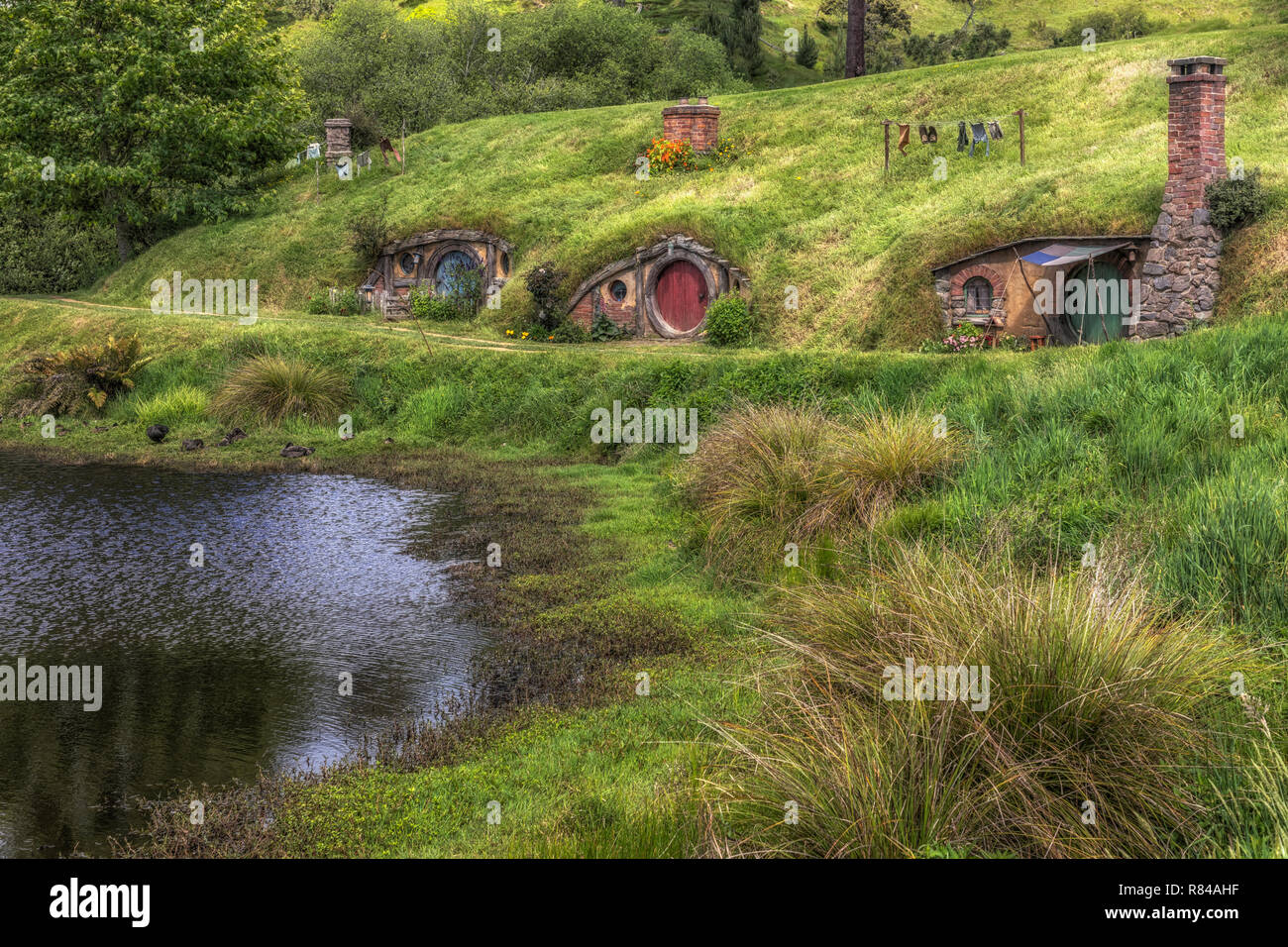 Hobbiton, Film, Waikato, Matamata, Neuseeland Stockfoto