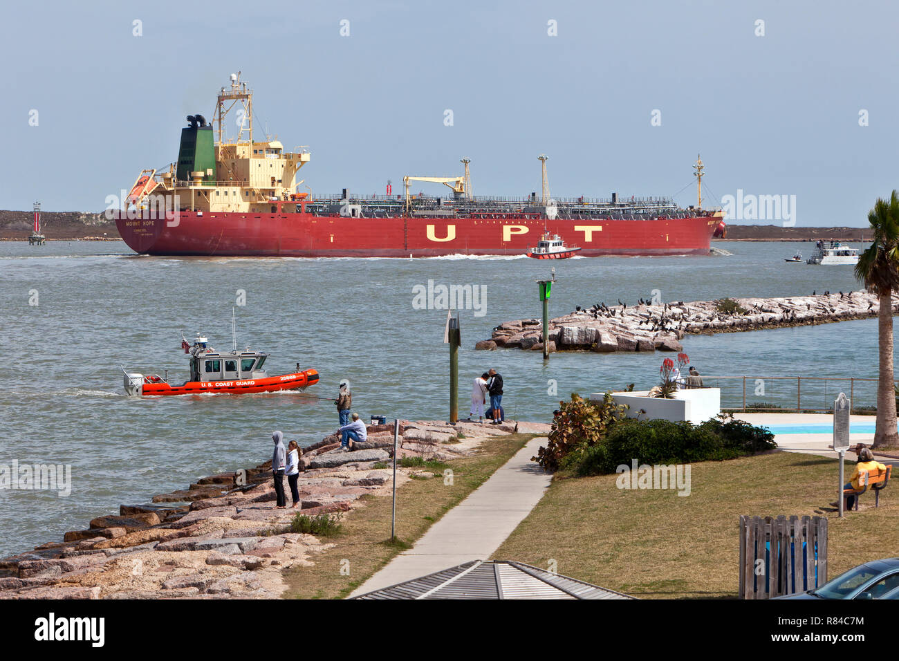 Flüssige Tanker 'Mount', UPT manövrieren Corpus Christi Versand Kanal, Hafen Pilot, US Coast Guard. Stockfoto