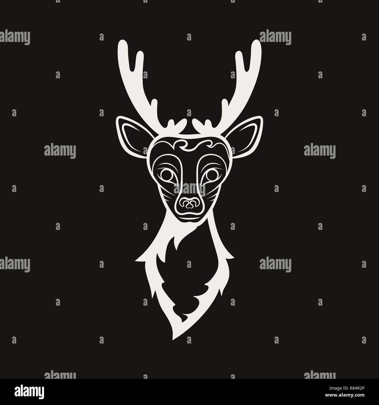 Kopf eines Rentiers. Zeichnen auf schwarzem Hintergrund. Vektorabbildung. Wildtiere von Hirschen Stock Vektor