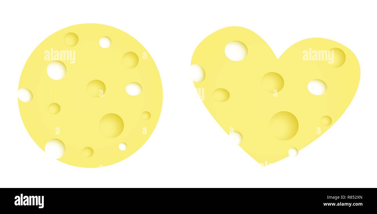 Käse mit Löchern in runden und Herzform Vektor-illustration EPS 10. Stock Vektor