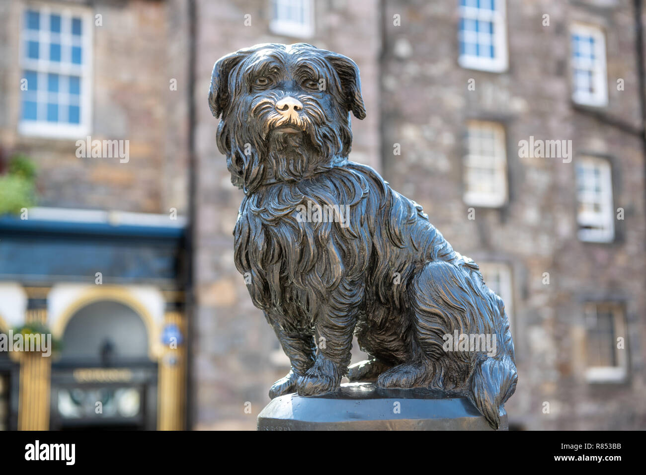 Die Gedenkstätte für berühmt treuen Hund, Greyfriars Bobby, Anzeichen von Heu Interaktion mit der Anzahl der Touristen, die häufig, dass Augen jährlich in Ed Stockfoto