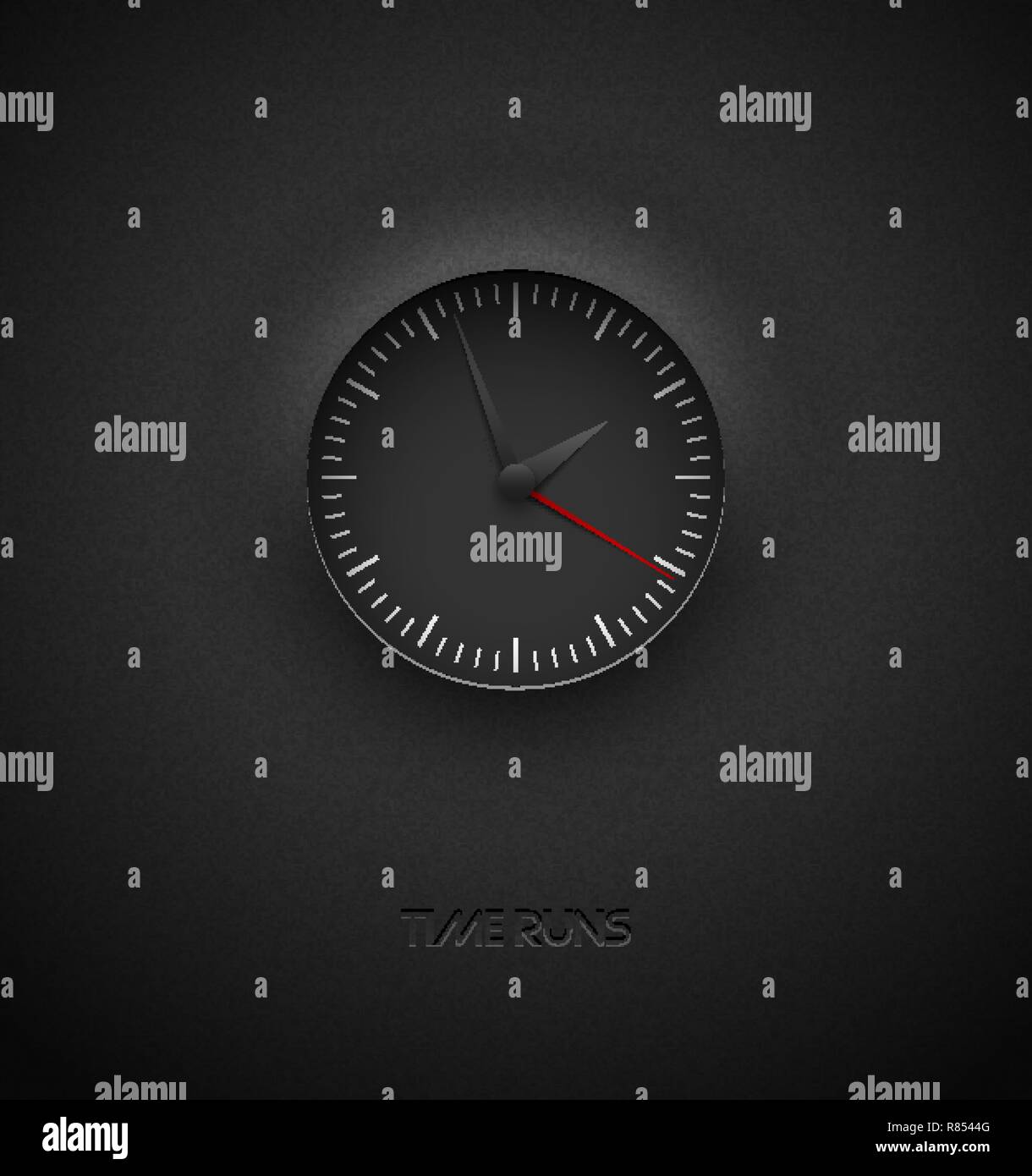 Realistische tiefe schwarze runde Uhr schneiden Sie auf strukturiertem Kunststoff dunklen Hintergrund. Weiß einfache moderne runde Skala. Vektor Icon Design oder ui-Bildschirm Stock Vektor