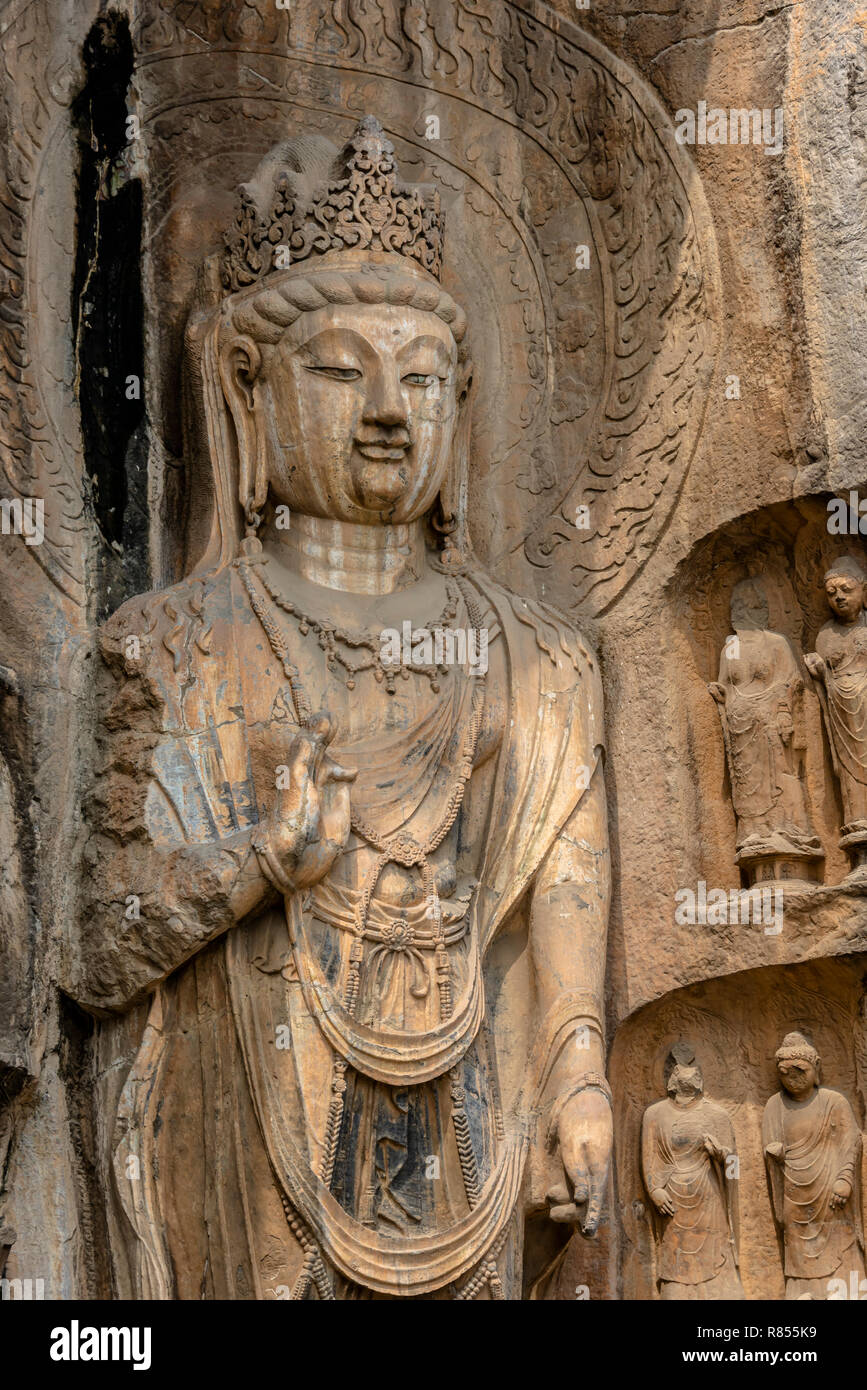 Longmen Grotten Heritage Conservation Area Buddhismus Skulpturen, Luoyang, Henan, China Stockfoto