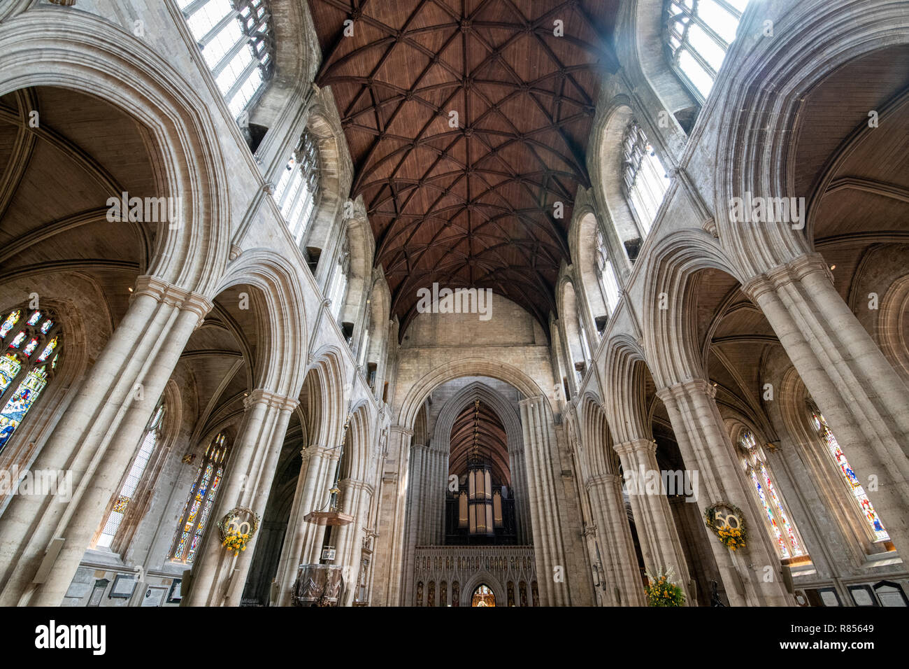 Die herrliche Rippe Gewölbe des Ripon Cathedral towers über Besucher, Yorkshire, Großbritannien Stockfoto