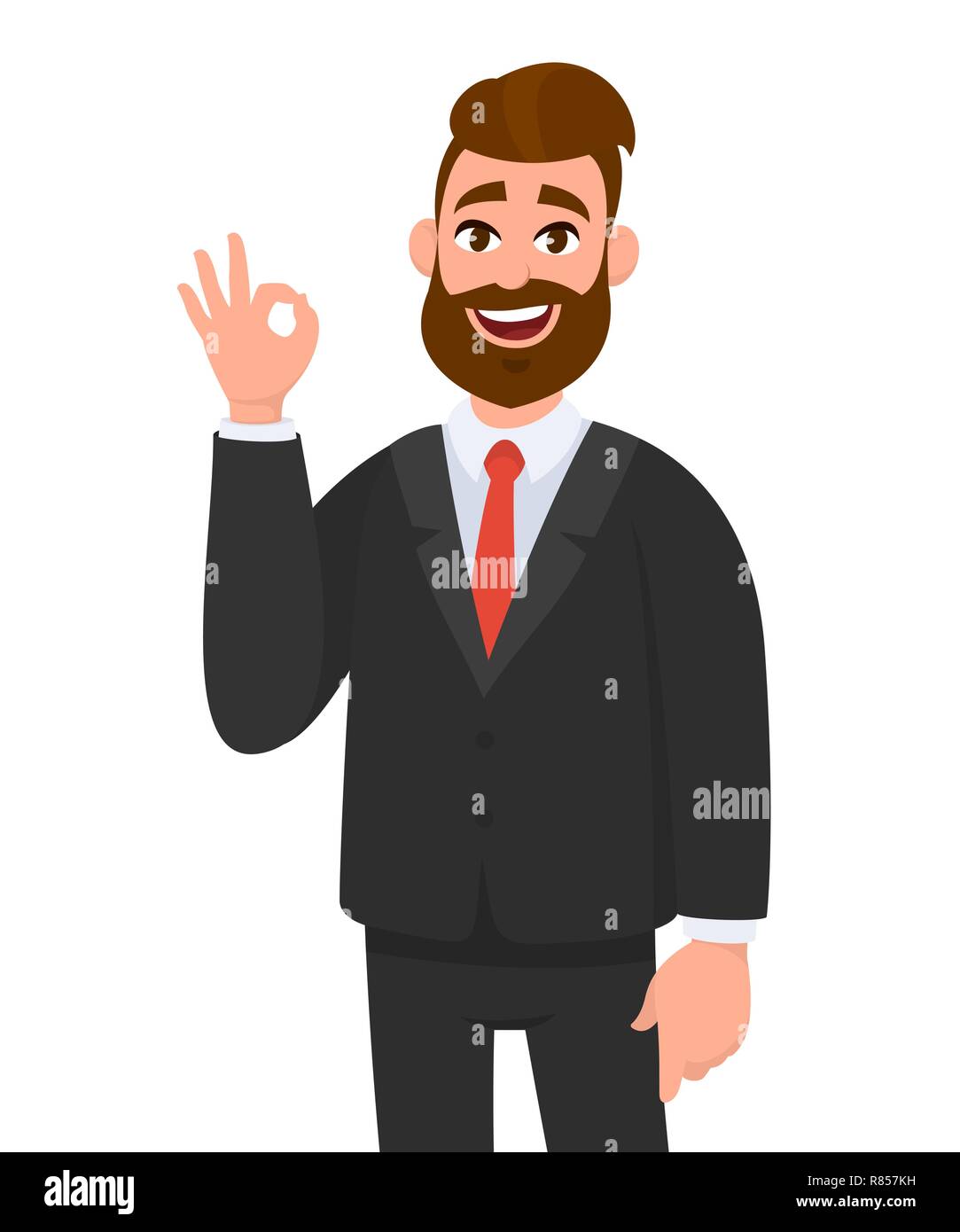 Junge Geschäftsmann, OK/OK-Zeichen Gestik, die Hand. Emotion und Körpersprache Konzept im Comic-stil Vector Illustration. Stock Vektor