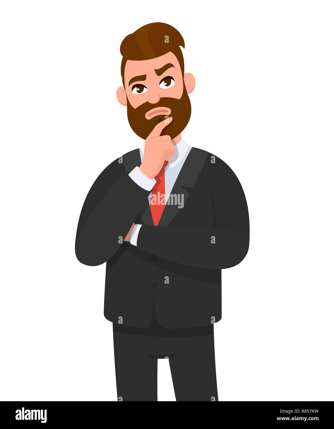 Junge Unternehmer etwas denken und Daumen arm und Zeigefinger auf Kiefer. Nachdenklich Geschäftsmann, denken Konzept. Emotion und Stock Vektor
