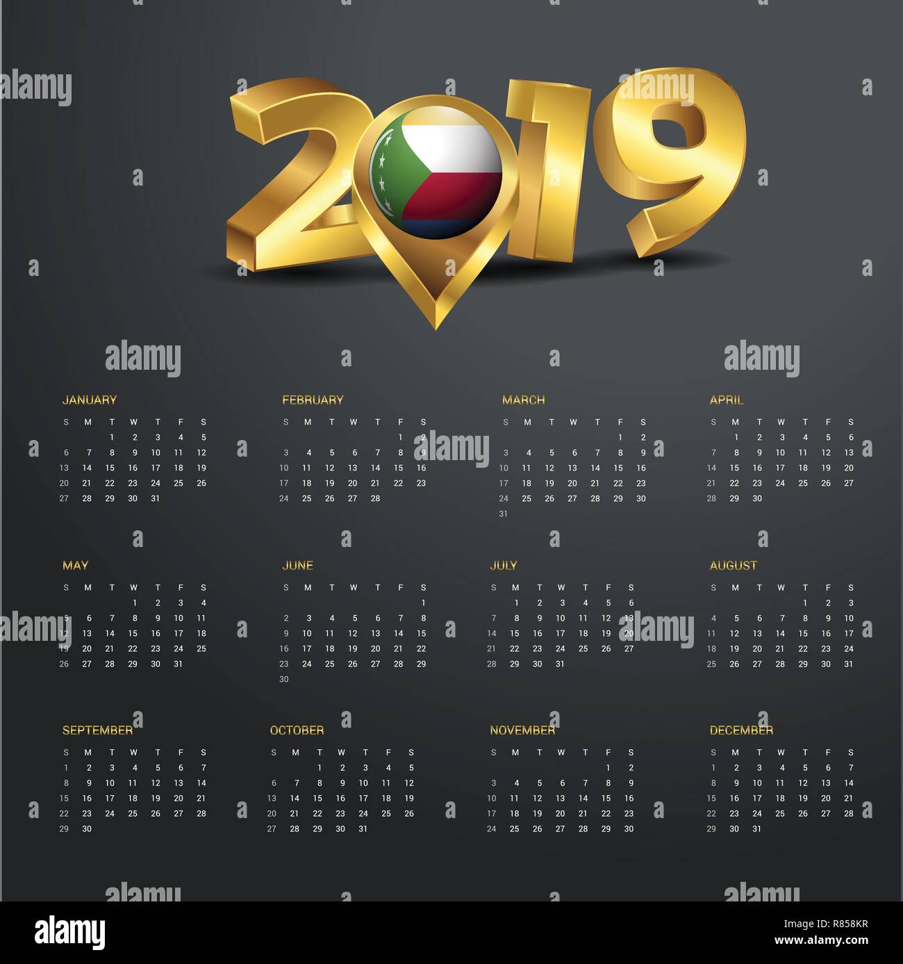 2019 Vorlage Kalender. Komoren Land Karte Golden Typografie Header Stock Vektor