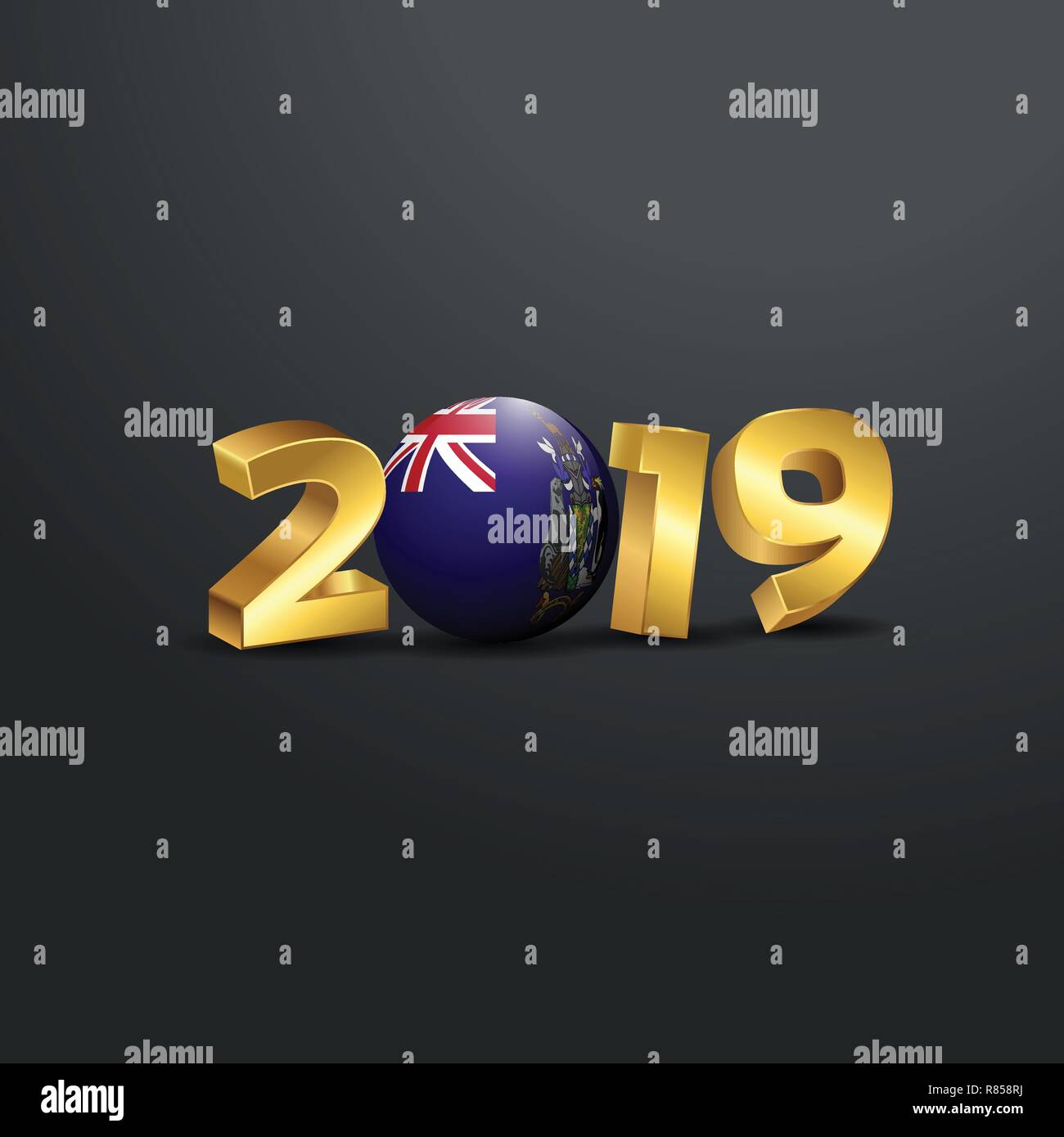2019 Goldene Typografie mit South Georgia Flagge. Frohes Neues Jahr Schriftzug Stock Vektor