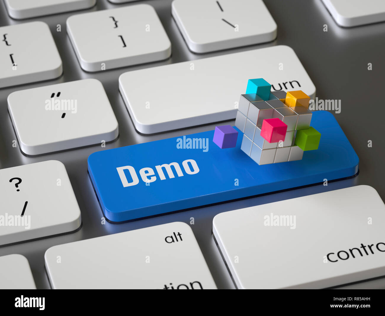 Demo-Taste auf der Tastatur, 3D-Rendering, konzeptionelle Bild. Stockfoto