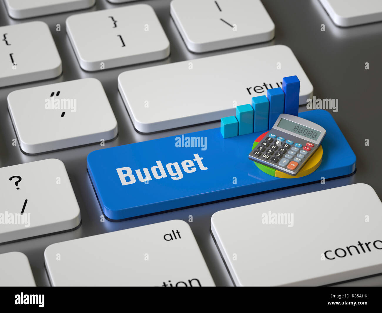 Budget-Taste auf der Tastatur, 3D-Rendering, konzeptionelle Bild. Stockfoto