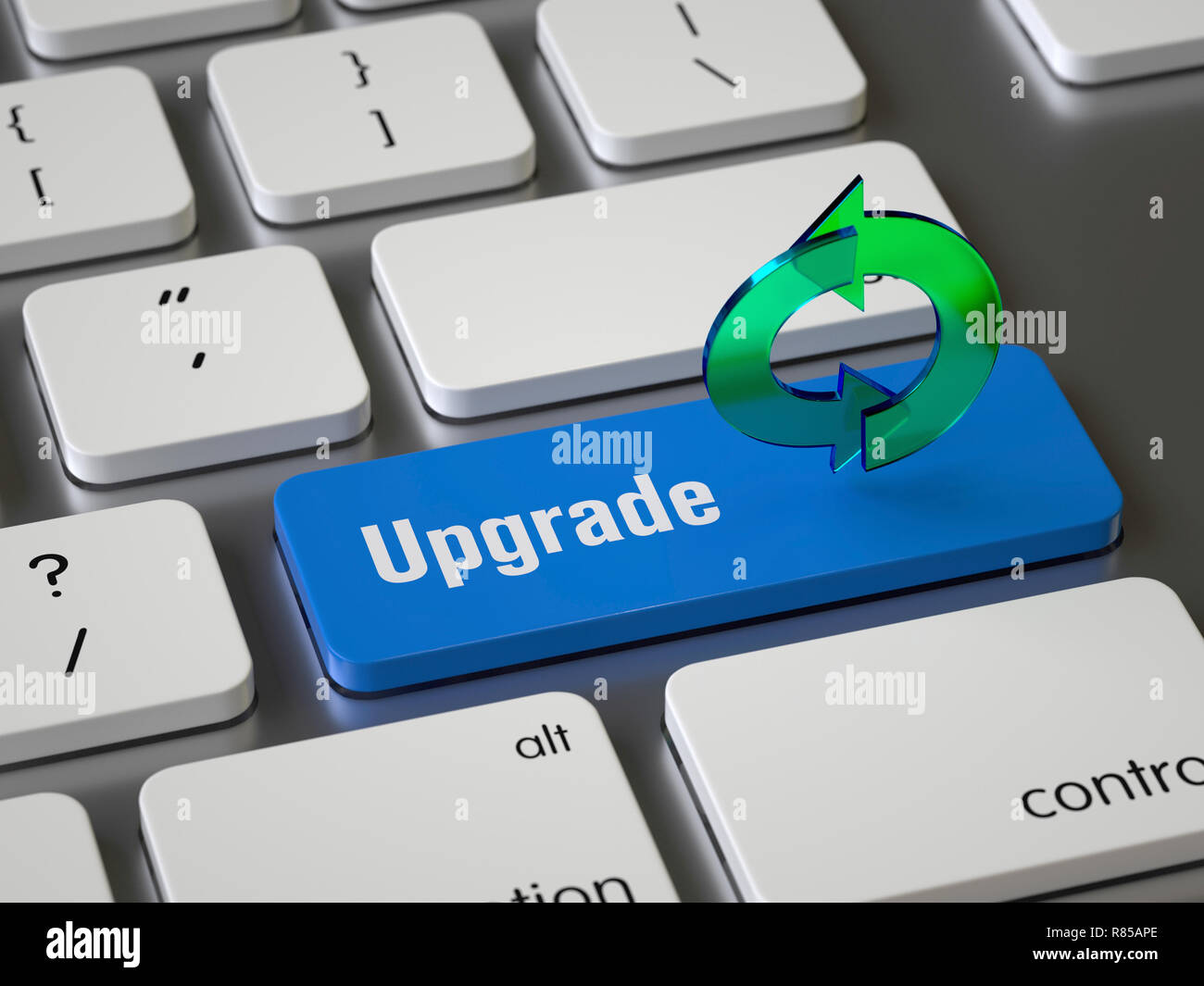 Upgrade-Taste auf der Tastatur, 3D-Rendering, konzeptionelle Bild Stockfoto