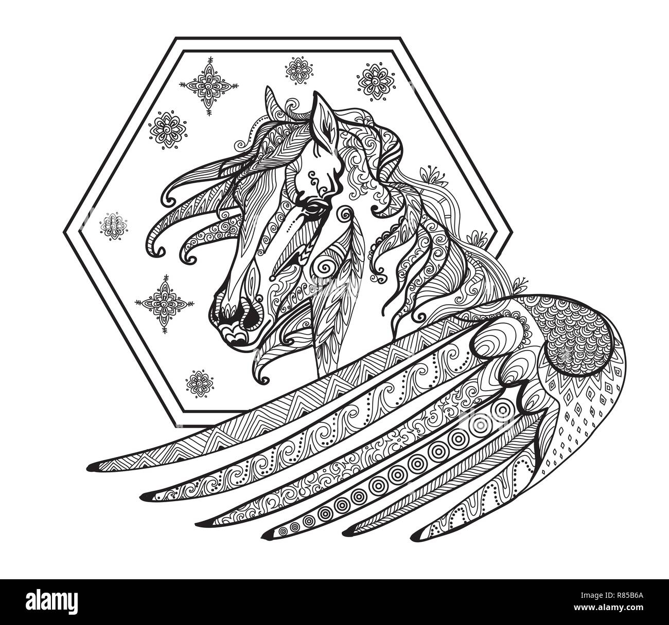 Vektor hand Zeichnung Abbildung zentangle Pegasus in schwarzer Farbe auf weißem Hintergrund. Doodle pegasus Abbildung. Färbung fantasy Pegasus Stock Vektor