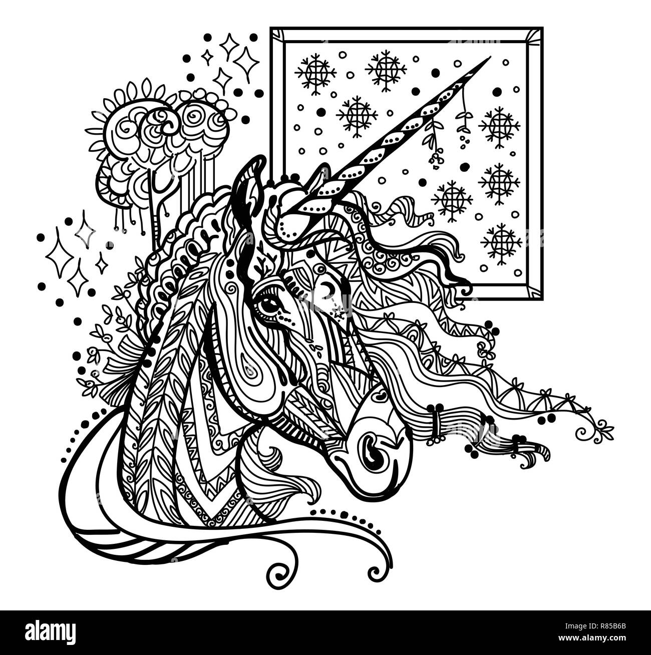 Vektor hand Zeichnung Abbildung zentangle Einhorn in schwarzer Farbe auf weißem Hintergrund. Doodle Einhorn Abbildung. Färbung fantasy Unicorn Stock Vektor