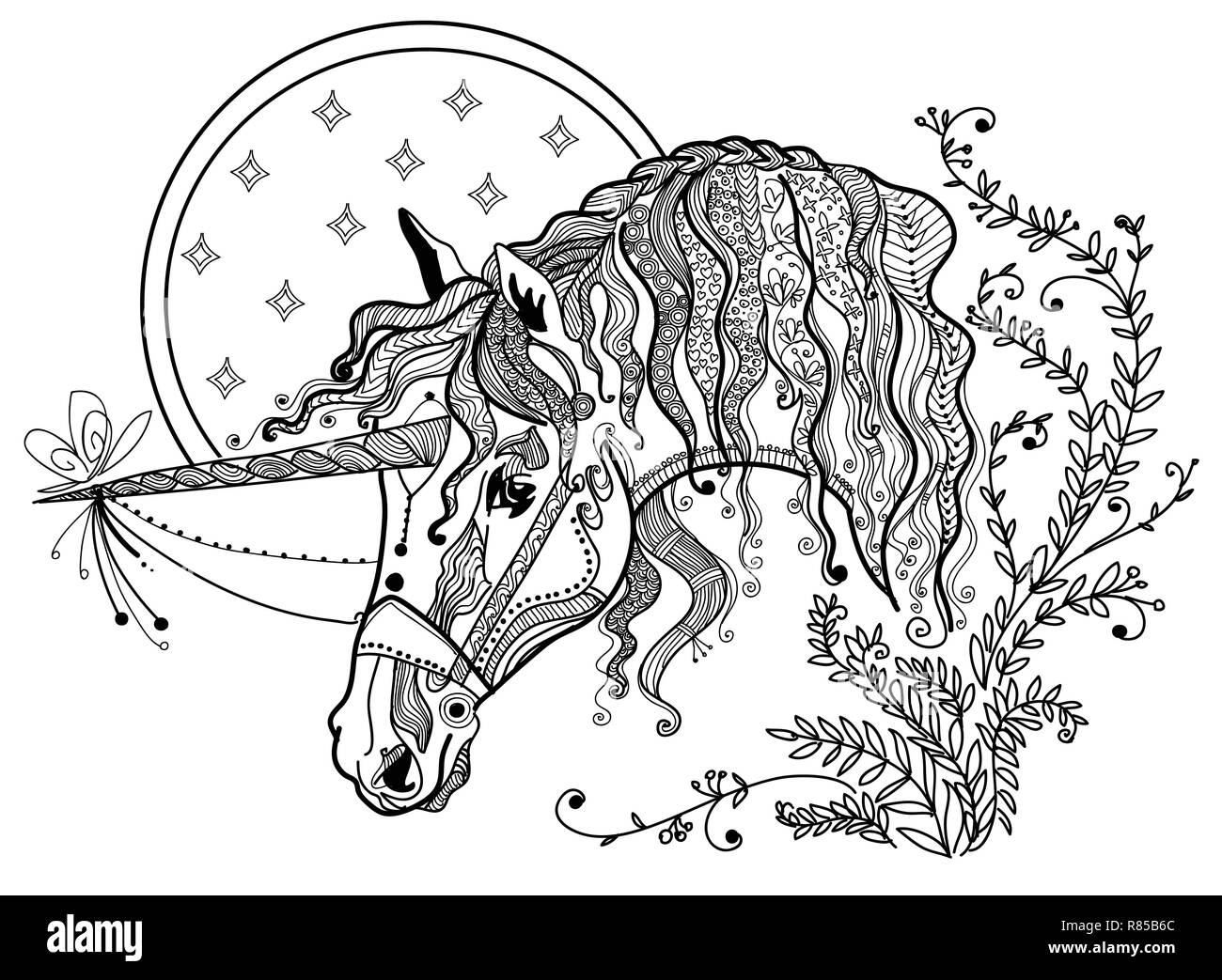 Vektor hand Zeichnung Abbildung zentangle Einhorn in schwarzer Farbe auf weißem Hintergrund. Doodle Einhorn Abbildung. Färbung fantasy Unicorn Stock Vektor