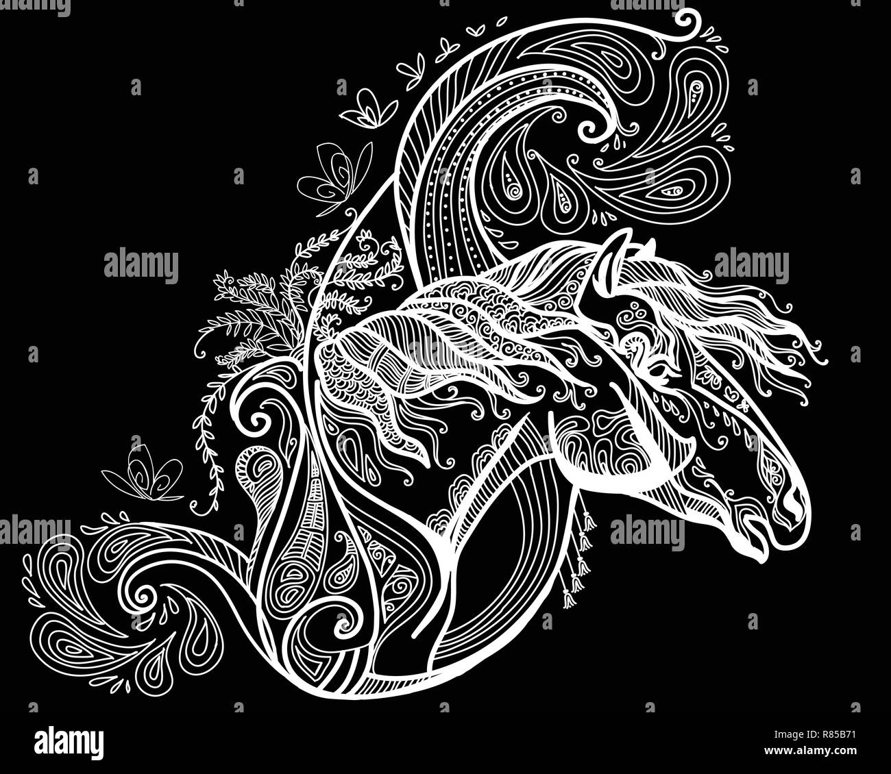 Vektor hand Zeichnung Abbildung zentangle Pferd in weißer Farbe auf schwarzem Hintergrund isoliert. Doodle Pferd Abbildung mit pflanzlichen Elementen. Farbgebung Stock Vektor