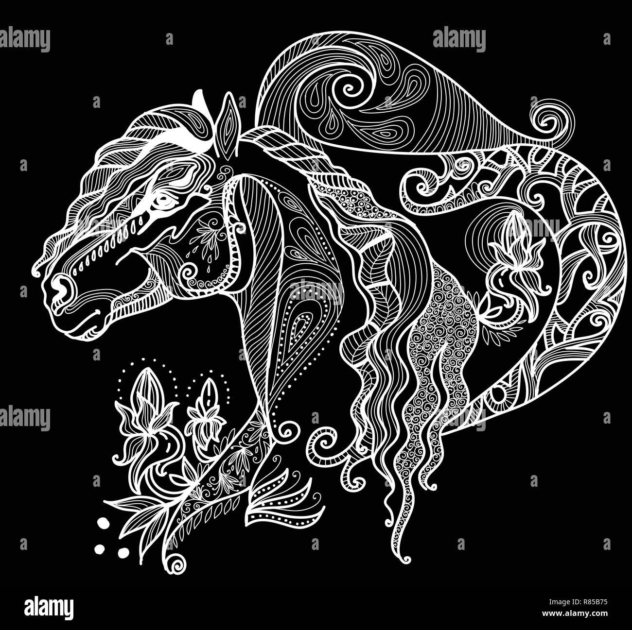 Vektor hand Zeichnung Abbildung zentangle Pferd in weißer Farbe auf schwarzem Hintergrund isoliert. Doodle Pferd Abbildung mit pflanzlichen Elementen. Farbgebung Stock Vektor