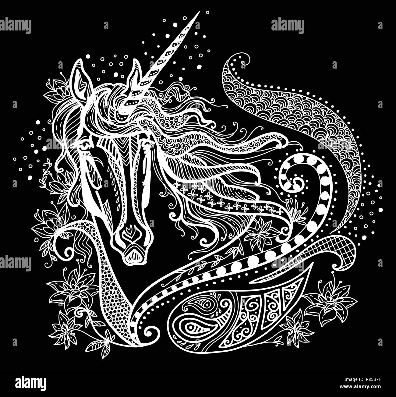 Vektor hand Zeichnung Abbildung zentangle Einhorn in der Farbe Weiß auf schwarzem Hintergrund. Doodle Einhorn Abbildung mit pflanzlichen Elementen. Farbe Stock Vektor