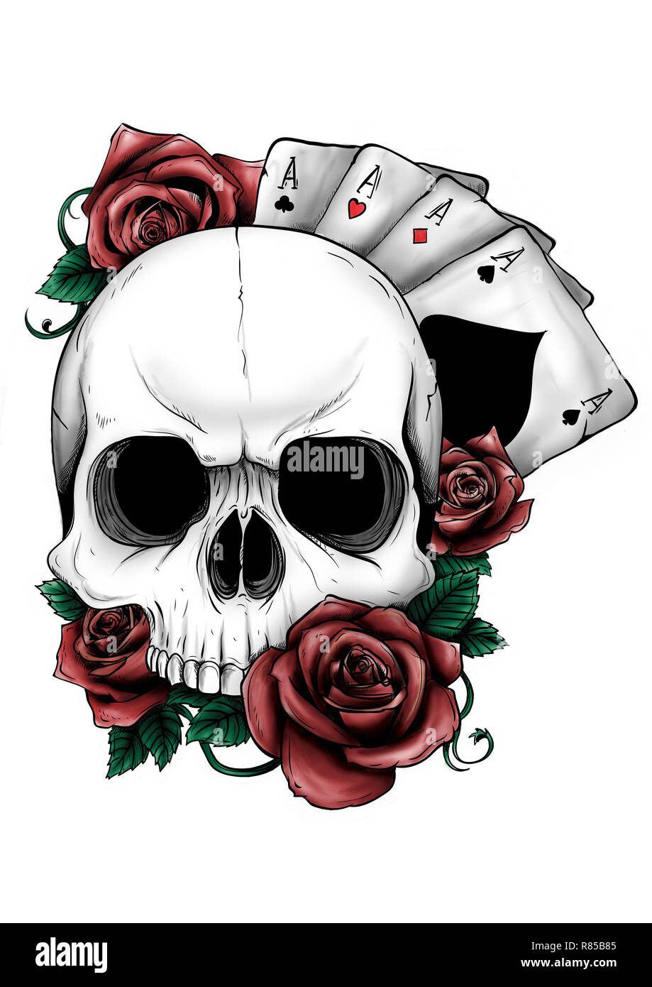 Totenkopf mit Blumen, mit Rosen. Zeichnung von Hand. . Illustrator 10. Stockfoto