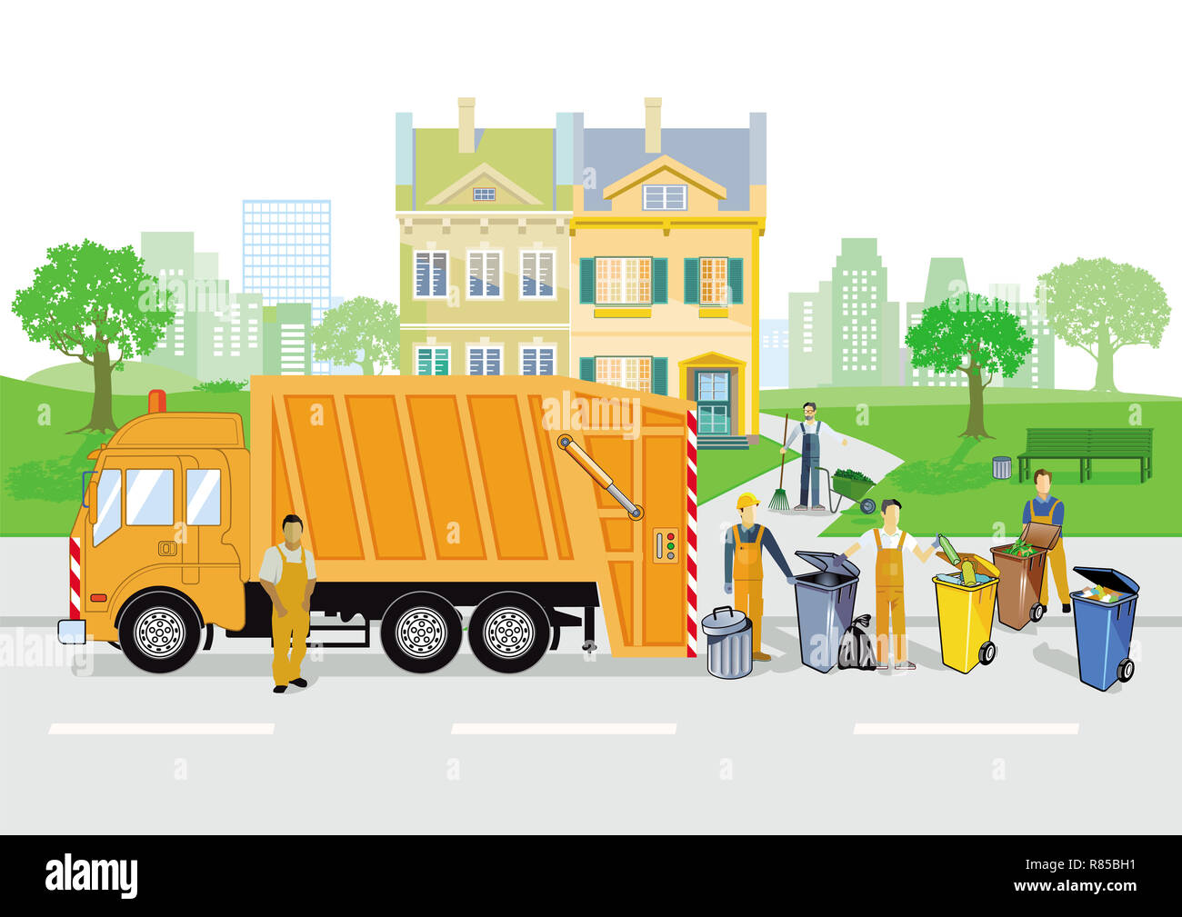 Müllwagen mit Ausfällen und Müllcontainer Stockfoto