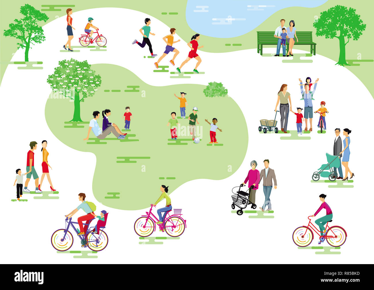 City Park mit Menschen und Familien in der Freizeitaktivitäten, Joggen und Radfahren Stockfoto