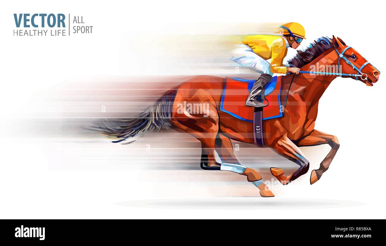 Jockey auf Racing Pferd. Champion. Das hippodrom. Rennstrecke. Reiten. Vector Illustration. Derby. Geschwindigkeit. Verschwommene Bewegung. Auf weissem Hintergrund. Stock Vektor