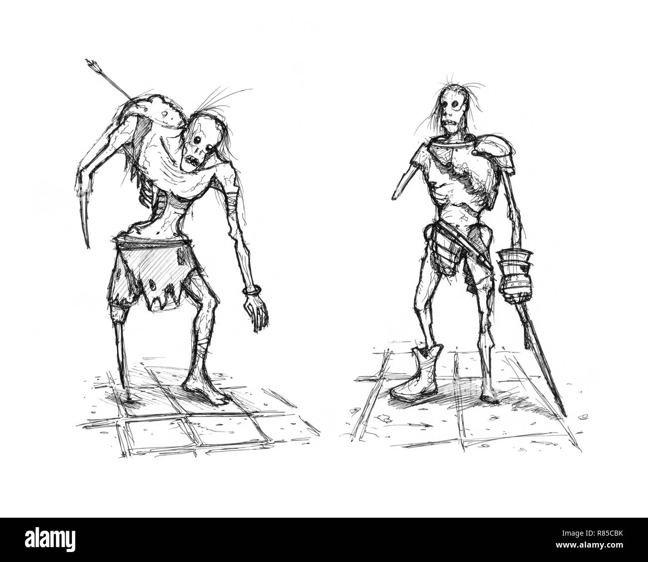 Schwarz Grunge groben Tuschezeichnung von zwei Tod Fantasy Warriors Zombies Stockfoto