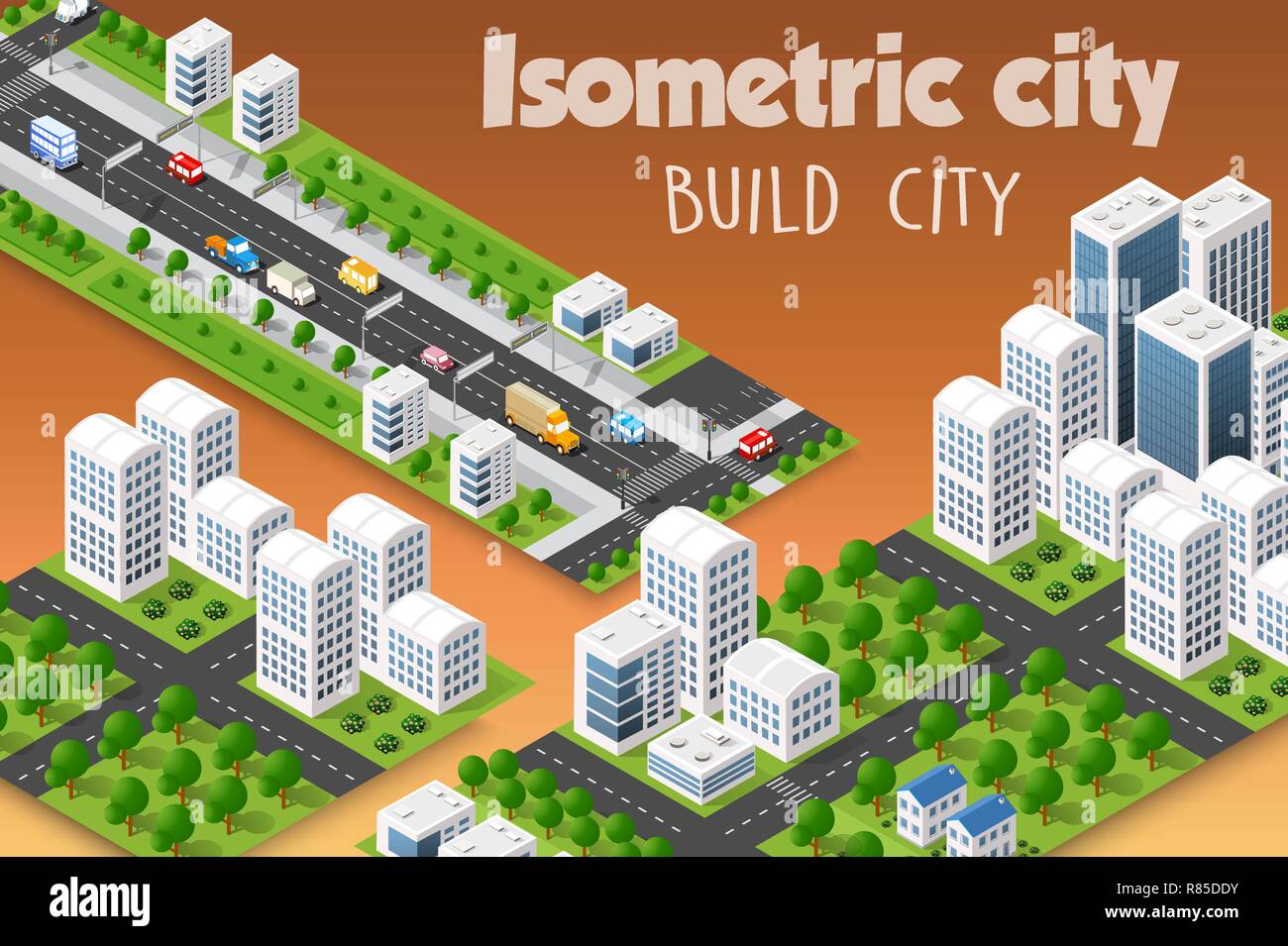 Isometrische eingestellt der modernen 3D-Stadt. Landschaft Bäume, Straßen. Dreidimensionale Ansichten der Wolkenkratzer, Häusern, Gebäuden und städtischen Gebieten mit transpor Stock Vektor