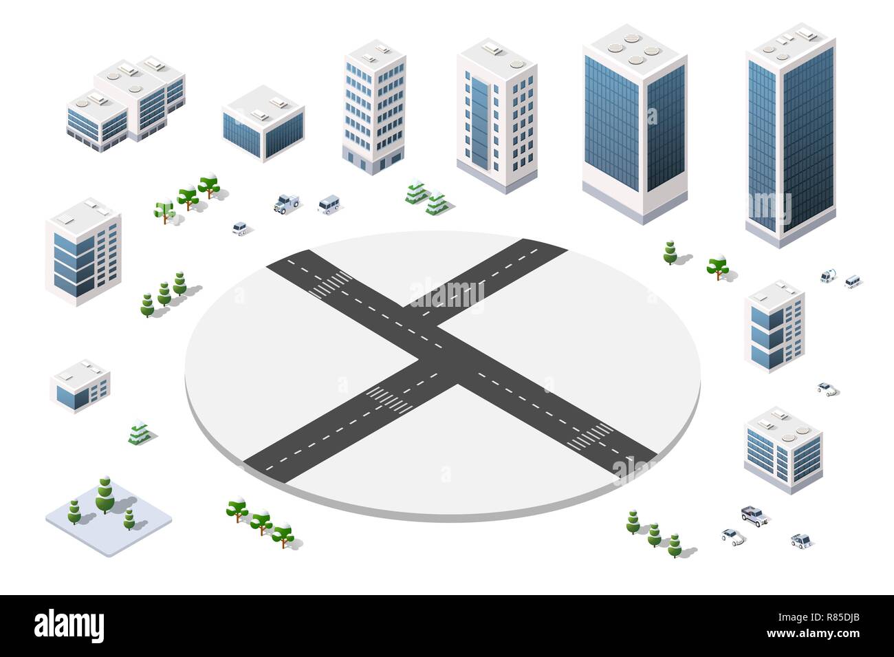 Eine große Anzahl von isometrischen städtischen Objekten. Eine Reihe von städtischen Gebäuden, Wolkenkratzer, Häuser, Supermärkte, Straßen und Gassen Stock Vektor