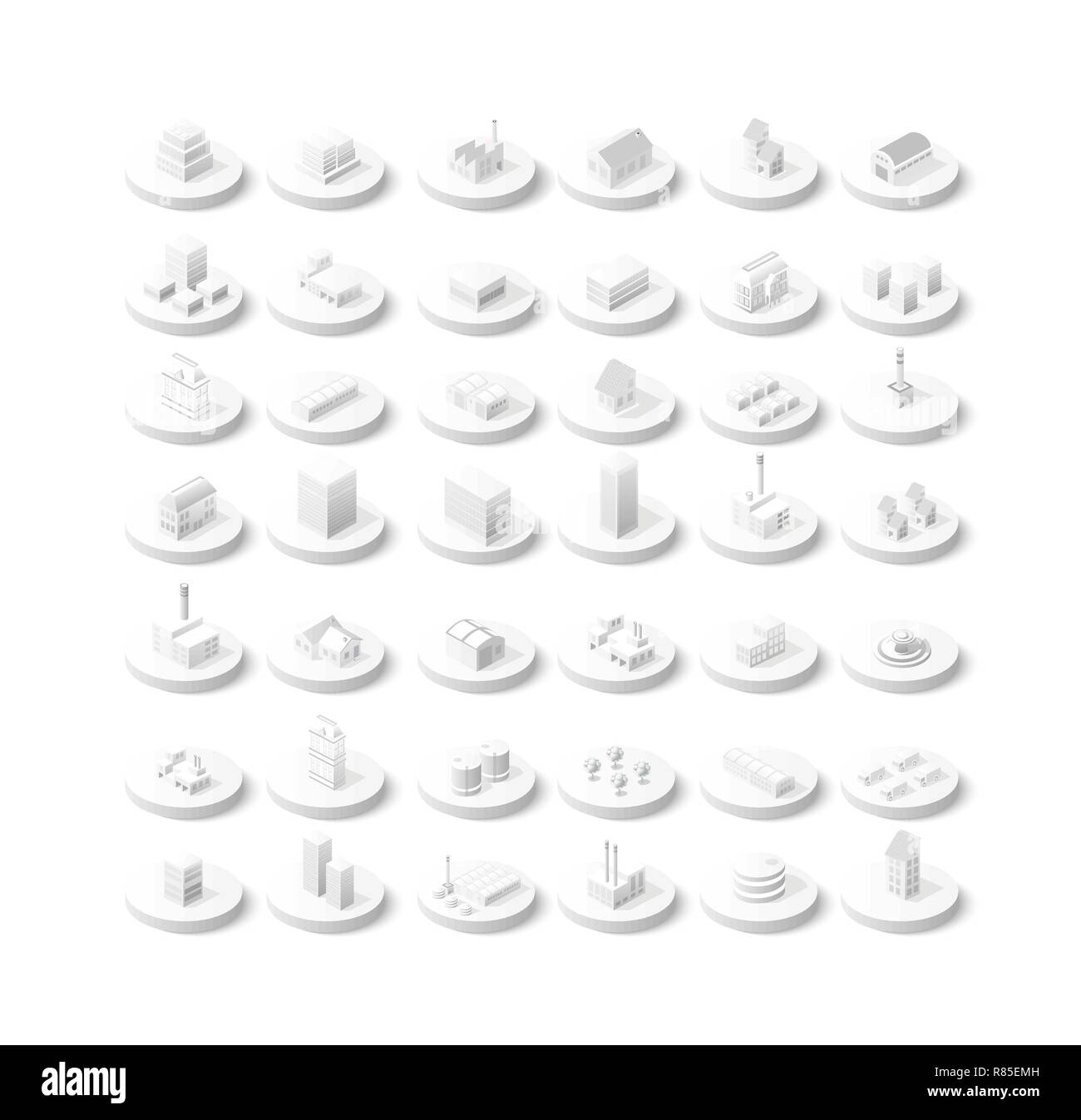Isometrische Vector 3D Symbol Stadt Gebäude für infografik Konzept gesetzt, das Haus umfasst, Büros Wohnungen shop Geschäfte, Supermärkte und industriellen eleme Stock Vektor