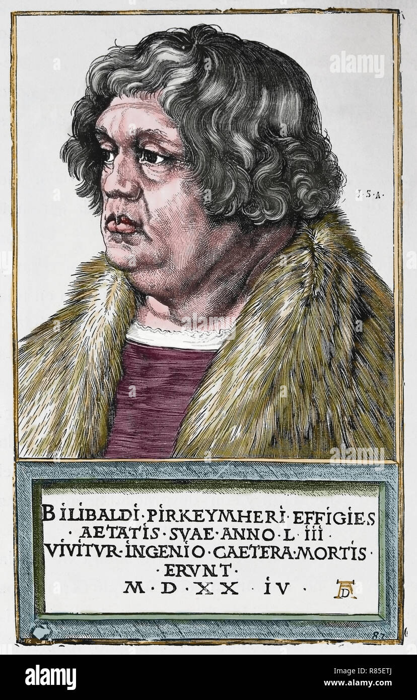 Willibald Pirckheimer (1470-1530). Deutsche Renaissance Rechtsanwalt und Humanist. Porträt. Kupferstich von Albrecht Dürer. Stockfoto