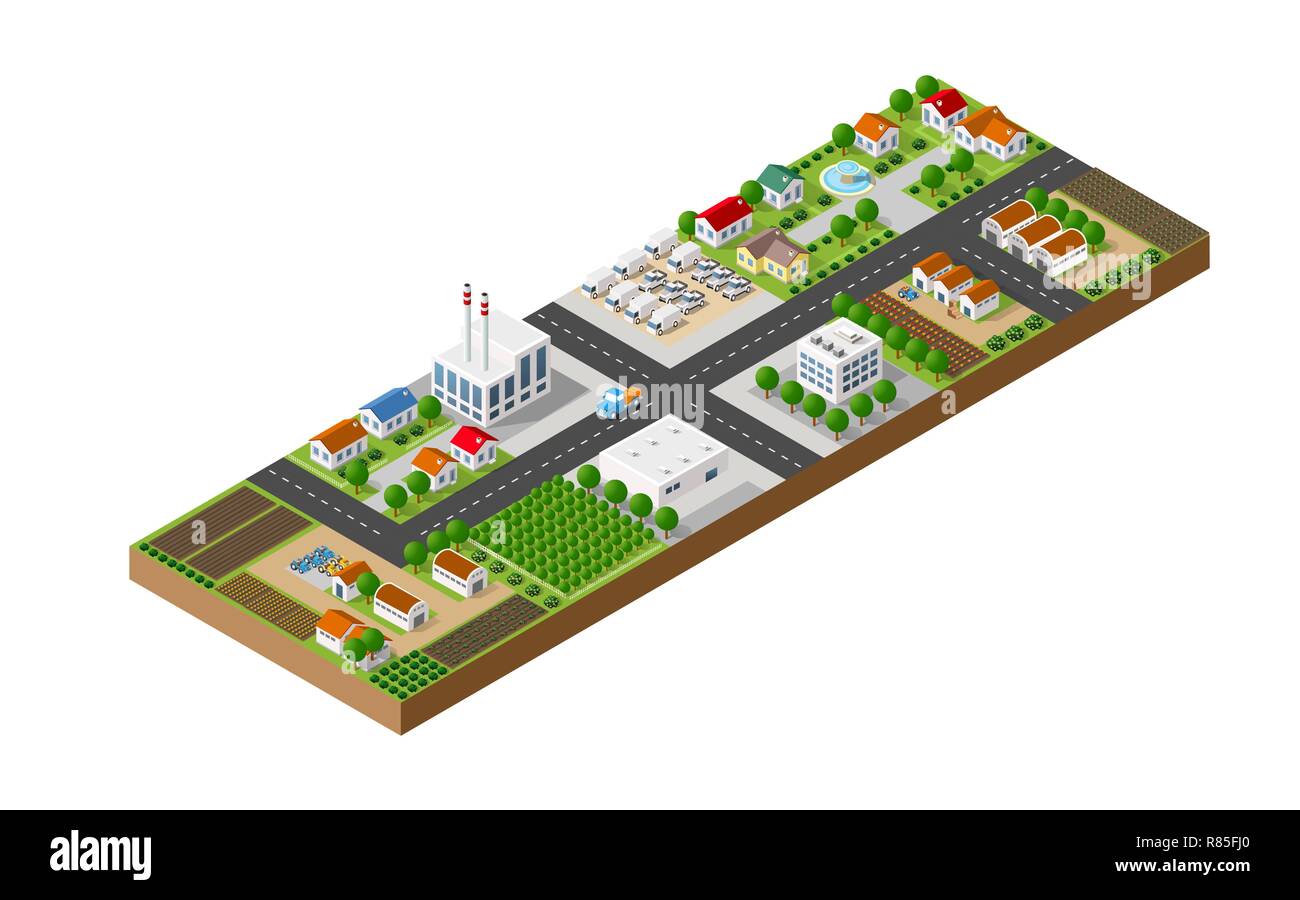 Isometrische 3D-Landschaft eine kleine Stadt mit Häusern und Straßen mit Bäumen Stock Vektor