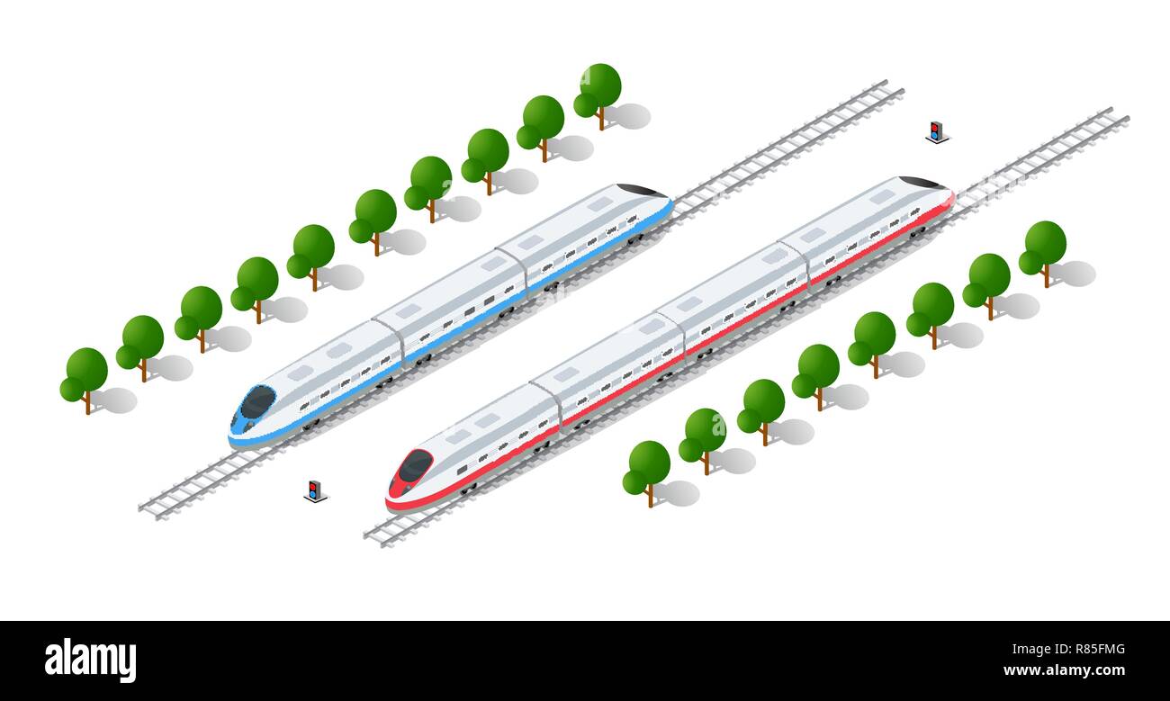 Schnelle moderne Hochgeschwindigkeitszug. Vektor Flachbild 3d-isometrische Darstellung des öffentlichen Verkehrs. Güterverkehr eine große Anzahl der Passagiere zu befördern. Stock Vektor
