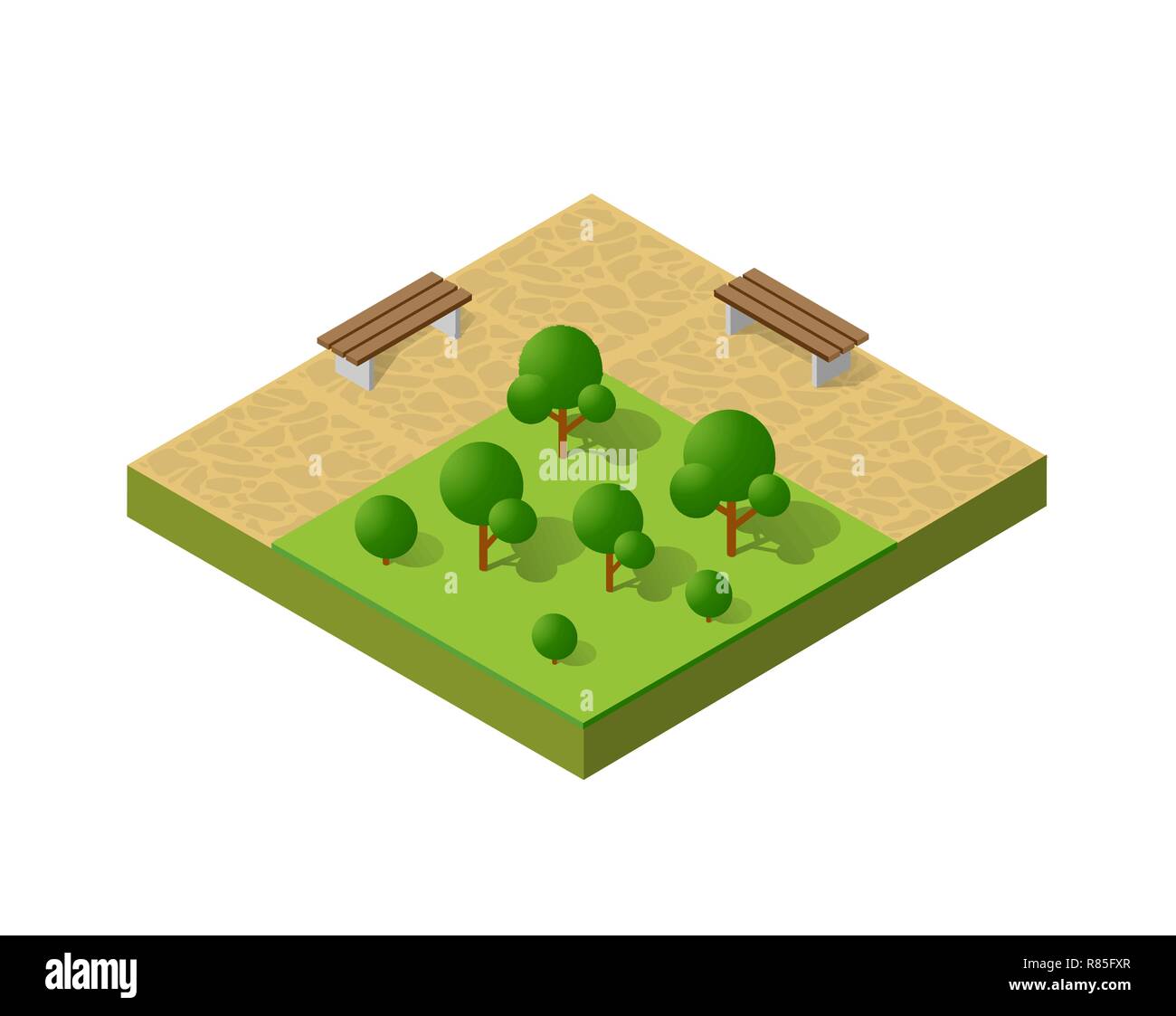 Natürliche ökologische Landschaft isometrische Symbol. Stadt natürlichen ökologischen Zeichen der Stadt Infrastruktur Bäume, Rasen, Garten Wege und Bänke Stock Vektor