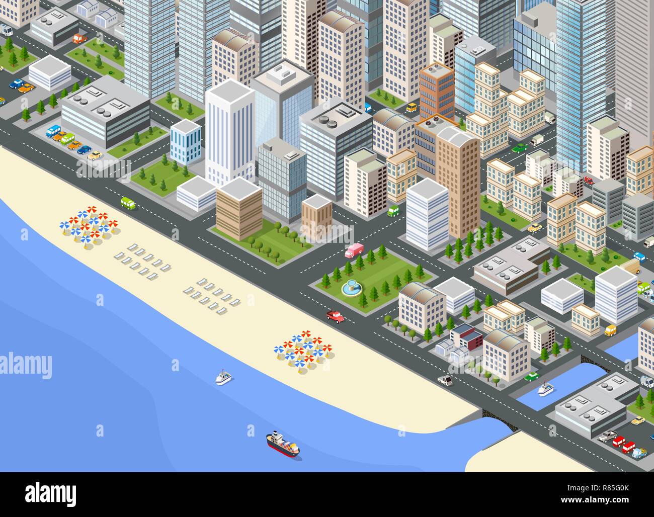 Abbildung: isometrische Große megalopolis Stadtteil mit den Straßen, der Promenade und dem Strand mit Sonnenschirmen und Liegen Stock Vektor