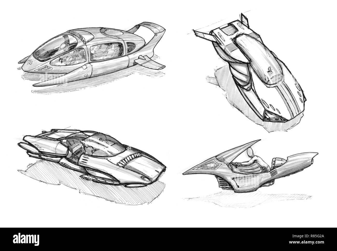 Satz Tinte Konzept Kunst Zeichnungen von futuristischen Staubsauger oder Fliegende Autos oder Fahrzeuge. Stockfoto