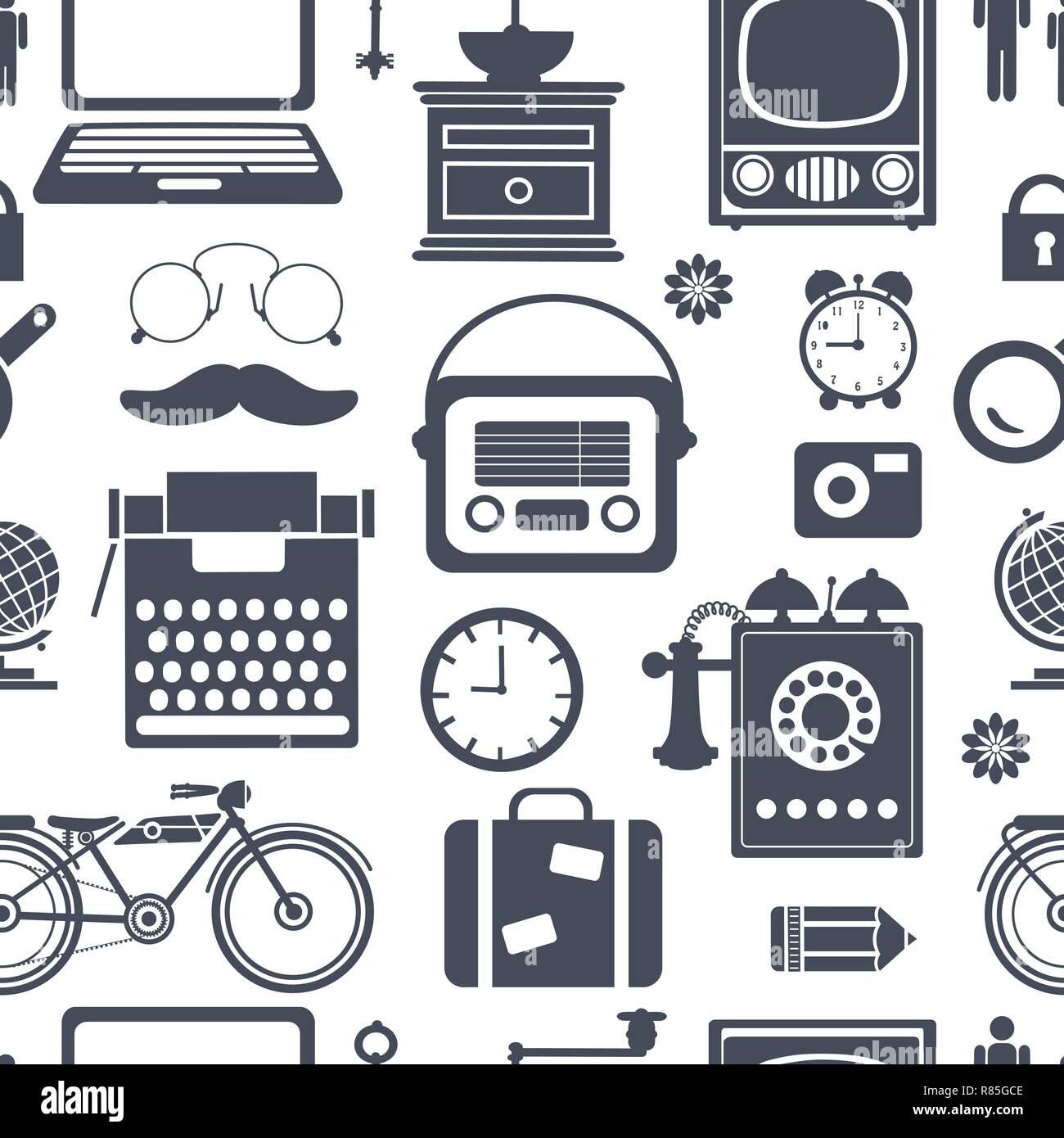 Vintage Retro Radio TV hipster Seamless, sich wiederholendes Muster Silhouette Stock Vektor