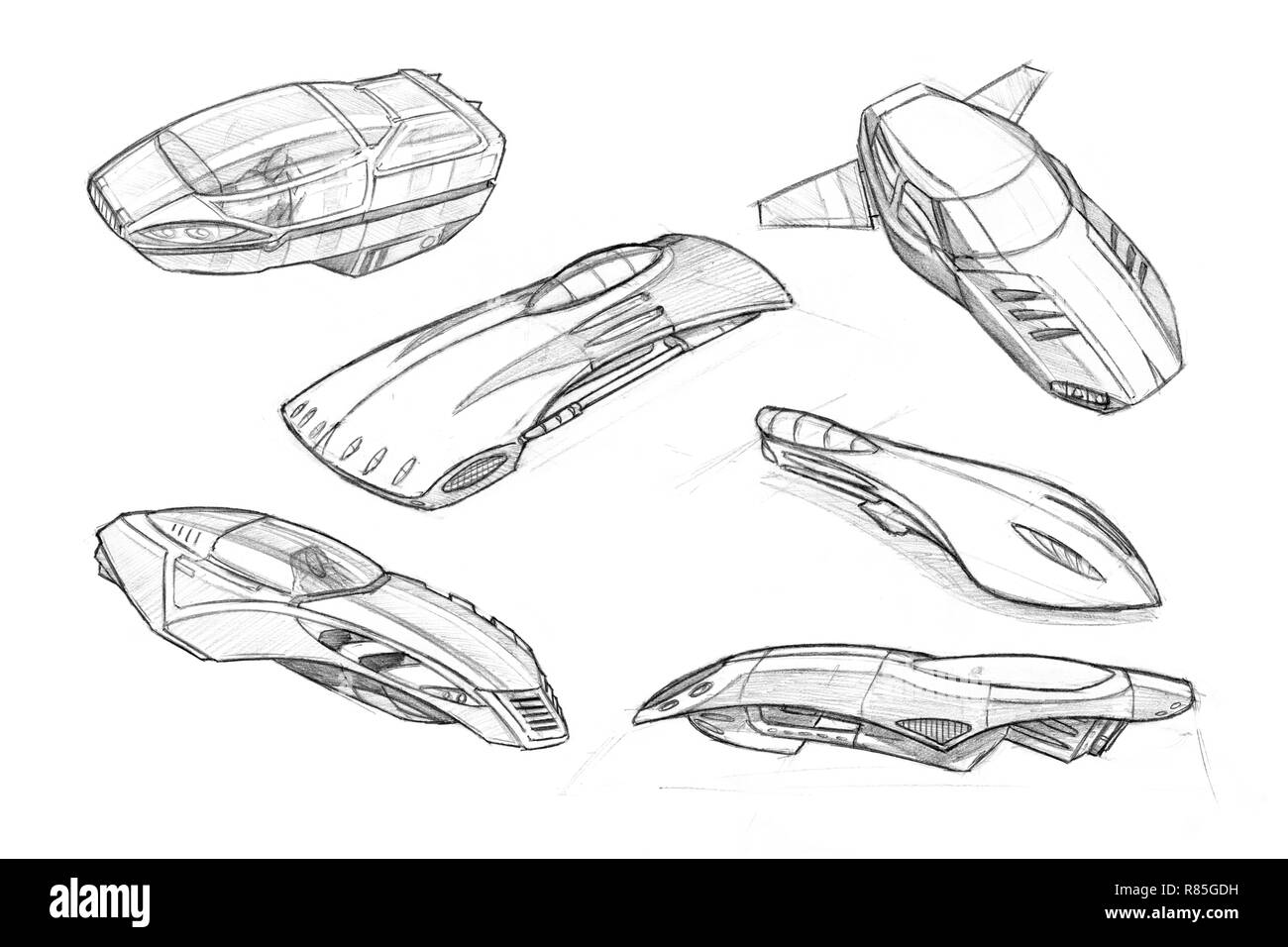 Satz von Bleistift Konzept Kunst Zeichnungen von futuristischen Staubsauger oder Fliegende Autos oder Fahrzeuge. Stockfoto