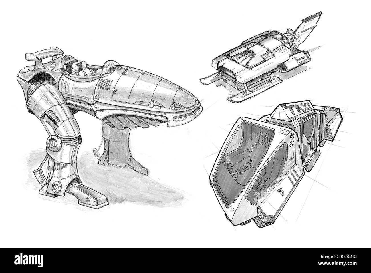 Einstellen der verschiedenen Verkehrsmittel Tinte Concept Art Designs Stockfoto