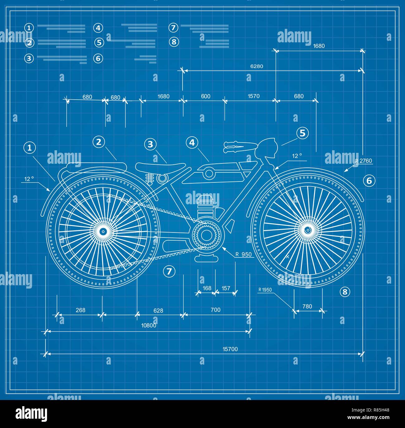 Blueprint plan Entwurf Entwurf Motorrad Motorrad. Zeichnung der niederschreiben Skizze des Fahrzeugs und der industriellen Skelett der Bike mit dem Plan Stock Vektor