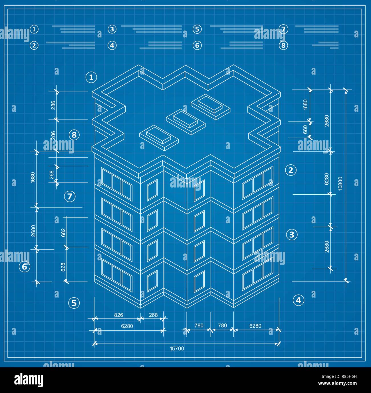 Blueprint isometrische Plan eines Wohnhauses. Zeichnung der niederschreiben Skizze des Aufbaus und der industriellen Skelett der Struktur wit Stock Vektor