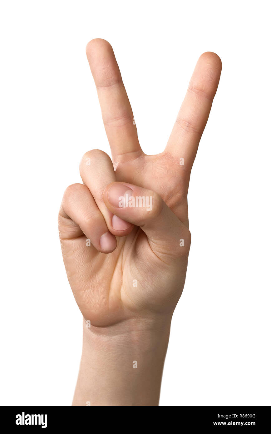 Hand, Sieg zeichen Geste, auf weißem Hintergrund, groß Foto Stockfoto