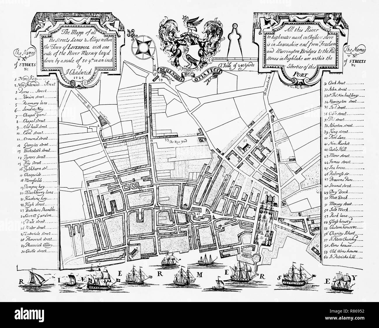 Eine Karte von Liverpool, Merseyside, England, dann eine Stadt, in der 1725 von J Chadwick. Stockfoto