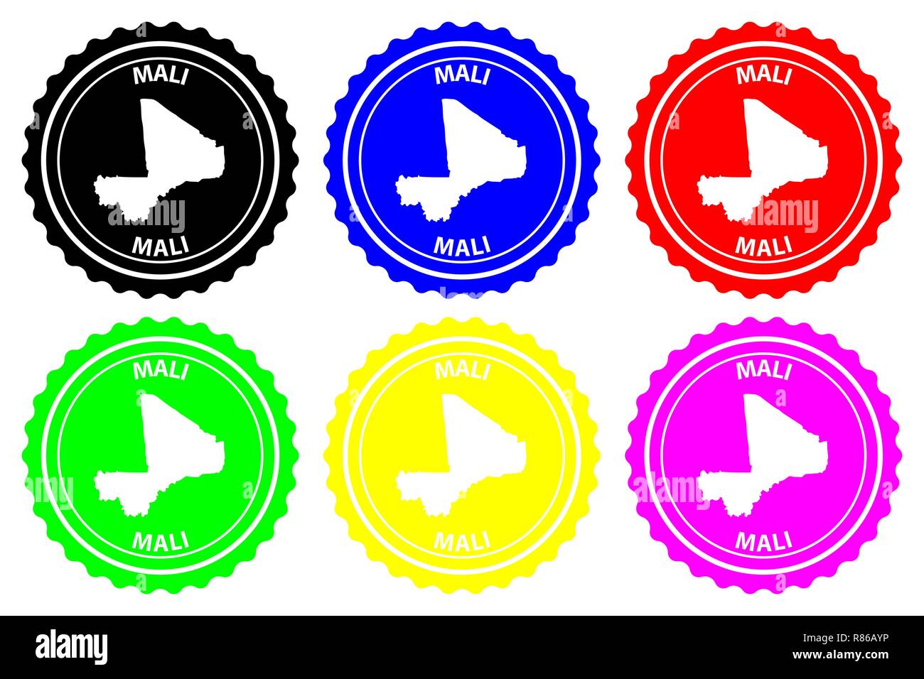 Mali - Stempel - Vektor, Republik Mali Karte Muster - Aufkleber - Schwarz, Blau, Grün, Gelb, Lila und Rot Stock Vektor