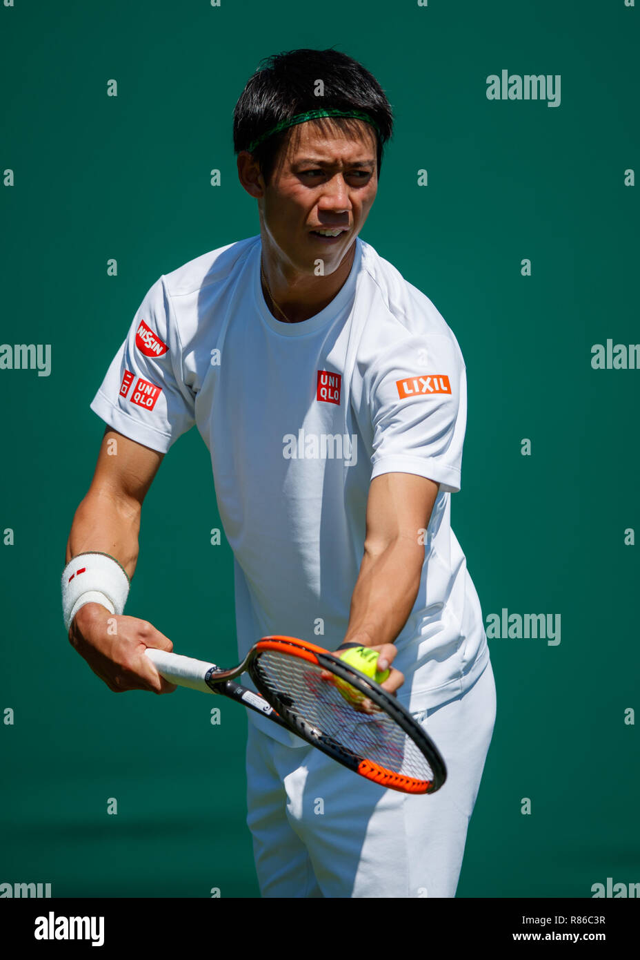 Kei Nishikori Japans in Ausbildung während der Wimbledon Championships 2018 Stockfoto