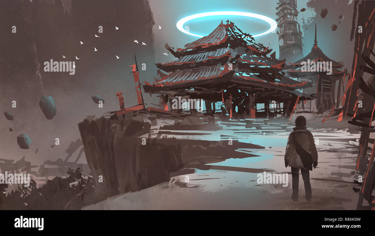 Nacht Landschaft, das einen Mann zeigt an der verlorenen Tempel suchen, digital art Stil, Illustration Malerei Stockfoto