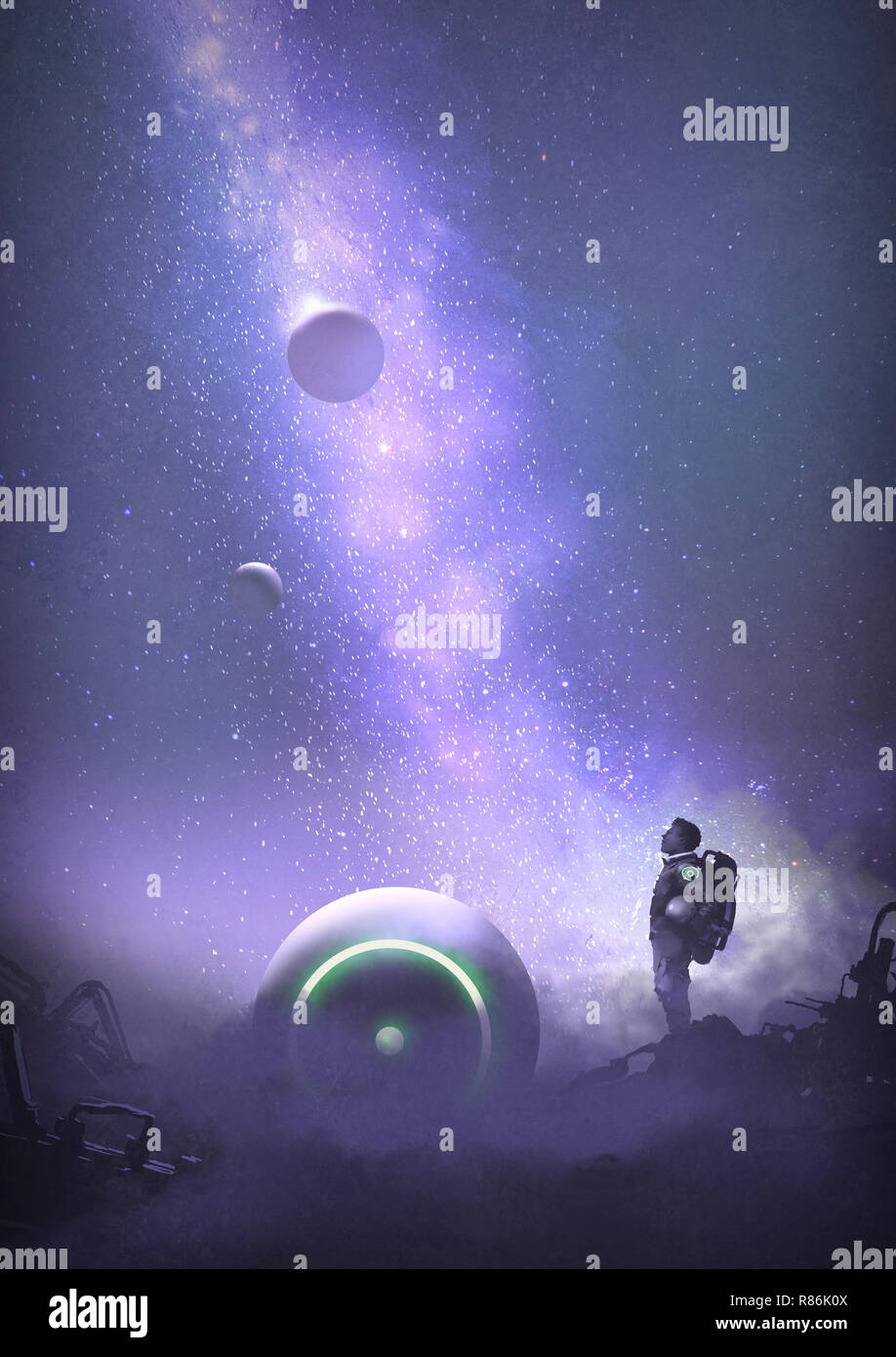 Astronaut auf verlassenen Planeten am Sternenhimmel suchen, digital art Stil, Illustration Malerei Stockfoto