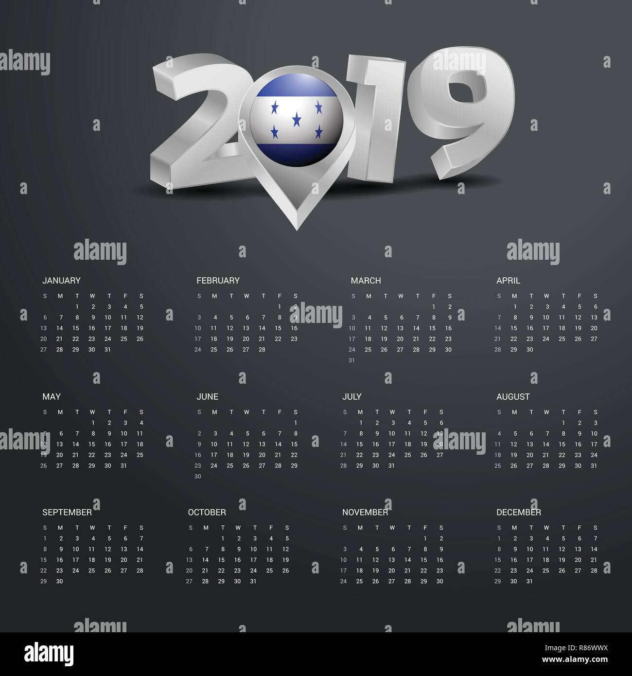 2019 Vorlage Kalender. Grau Typografie mit Honduras Land Karte Golden Typografie Header Stock Vektor