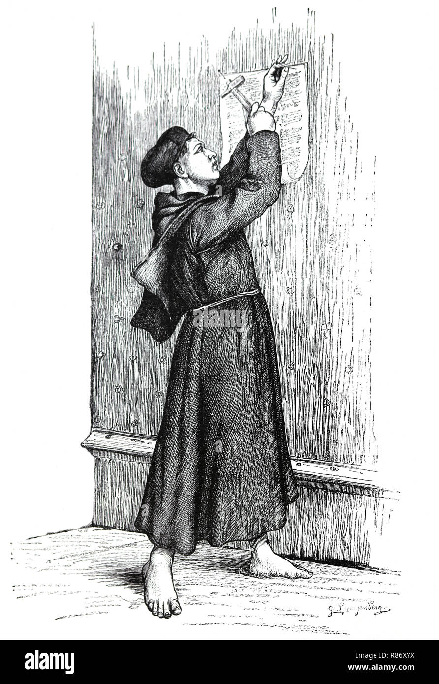 Martin Luther (1483-1546) naited an die Tür der Wittenberger Schlosskirche seine Ninety-Five Diese, 1517. Germania, 1882. Stockfoto