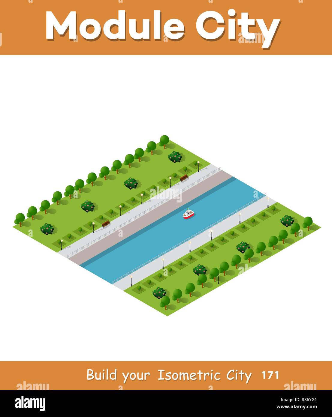 Isometrische vector Abbildung: moderne Stadt mit Jachthafen und des Flusses mit Park Stock Vektor