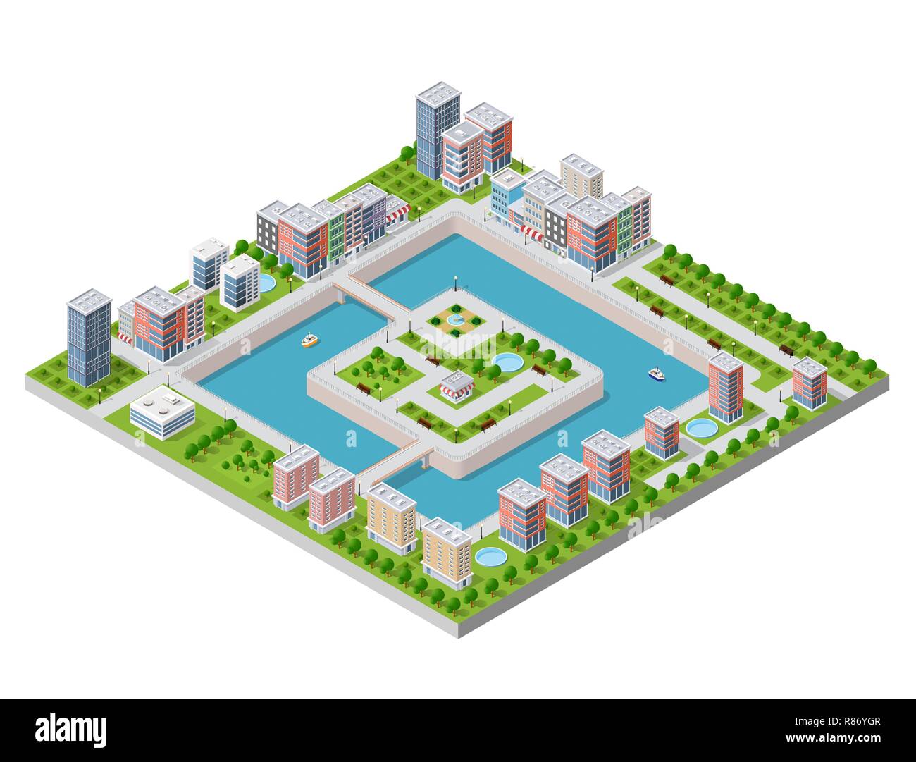 Isometrische Vector Illustration einer modernen Stadt mit einem Jachthafen und River Embankment. Abmessungen der Wolkenkratzer, Häusern, Gebäuden und städtischen Parks Stock Vektor